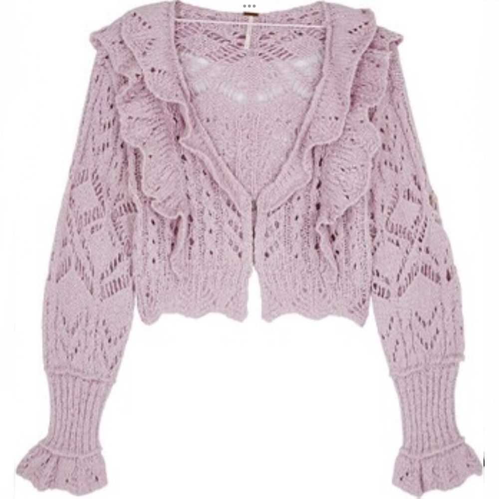 ✨NEW!✨ 🧶💜 Free People | Avery Crochet Ruffle Knit Cropped Cardigan sz XS! 💜🧶